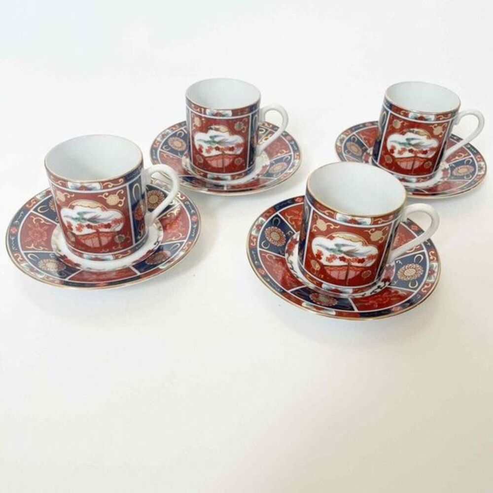 VTG Imari‎ Teacup Saucer "Embroidered" Espresso Demitasse 4 Cups 4 Saucers Set